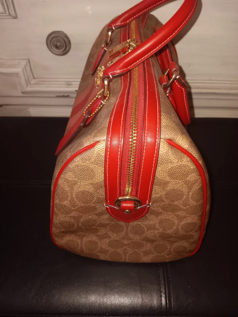 Coach Large Rowan Pink And Red Stripe Tan Signature With Wristlet And Strap - Picture 8 of 15